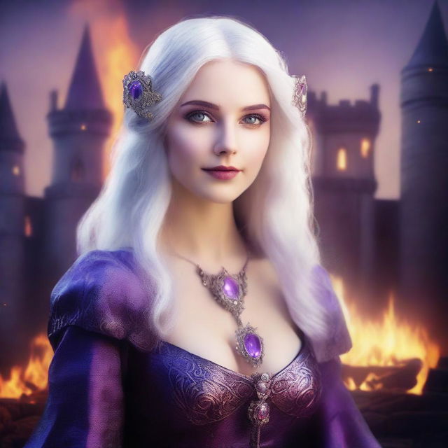 A medieval beautiful woman with white hair and purple eyes, standing with a fire aura behind her