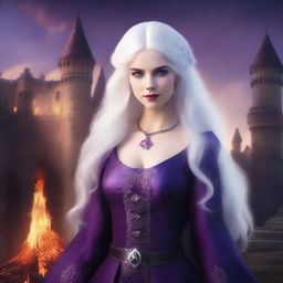 A medieval beautiful woman with white hair and purple eyes, standing with a fire aura behind her