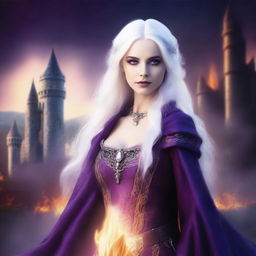 A medieval beautiful woman with white hair and purple eyes, standing with a fire aura behind her