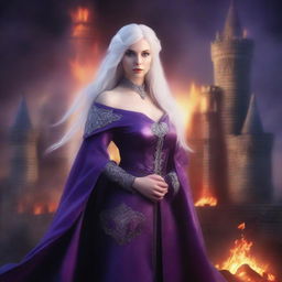 A medieval beautiful woman with white hair and purple eyes, standing with a fire aura behind her