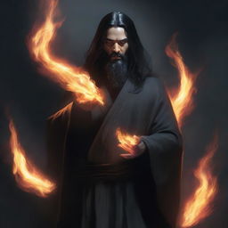 A human man with long black hair and a beard, wearing dark grey robes