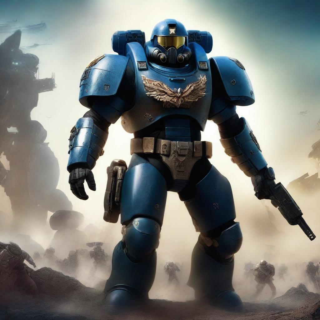 A space marine soldier, fully armored and combat ready, standing in a futuristic battlefield