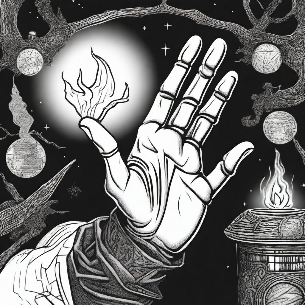 A detailed black and white line art illustration of a sorcerer's hand from a first person view casting a spell