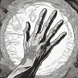 A detailed black and white line art illustration of a sorcerer's hand from a first person view casting a spell