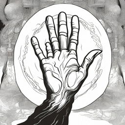 A detailed black and white line art illustration of a sorcerer's hand from a first person view casting a spell