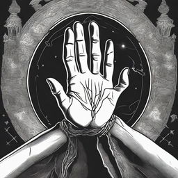 A detailed black and white line art illustration of a sorcerer's hand from a first person view casting a spell