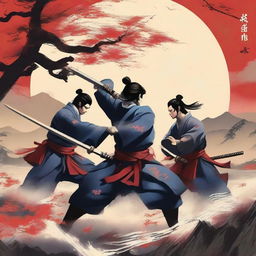 Create a captivating book cover featuring an intense Japanese sword fighting scene