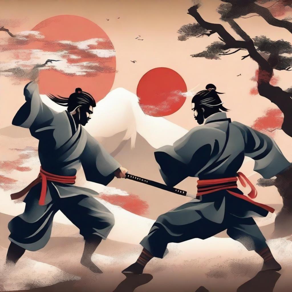 Create a captivating book cover featuring an intense Japanese sword fighting scene