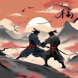 Create a captivating book cover featuring an intense Japanese sword fighting scene