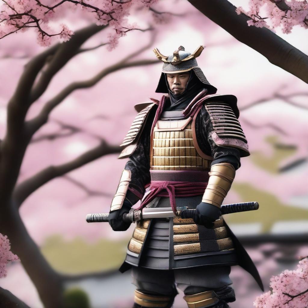 A highly detailed image of a traditional samurai warrior in full armor, standing in a serene Japanese garden with cherry blossom trees in the background