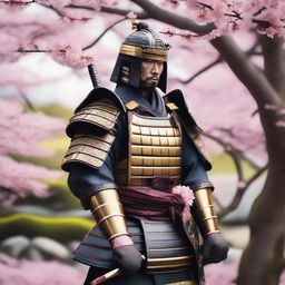 A highly detailed image of a traditional samurai warrior in full armor, standing in a serene Japanese garden with cherry blossom trees in the background