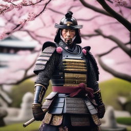 A highly detailed image of a traditional samurai warrior in full armor, standing in a serene Japanese garden with cherry blossom trees in the background