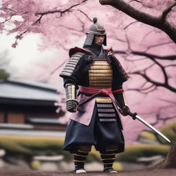 A highly detailed image of a traditional samurai warrior in full armor, standing in a serene Japanese garden with cherry blossom trees in the background