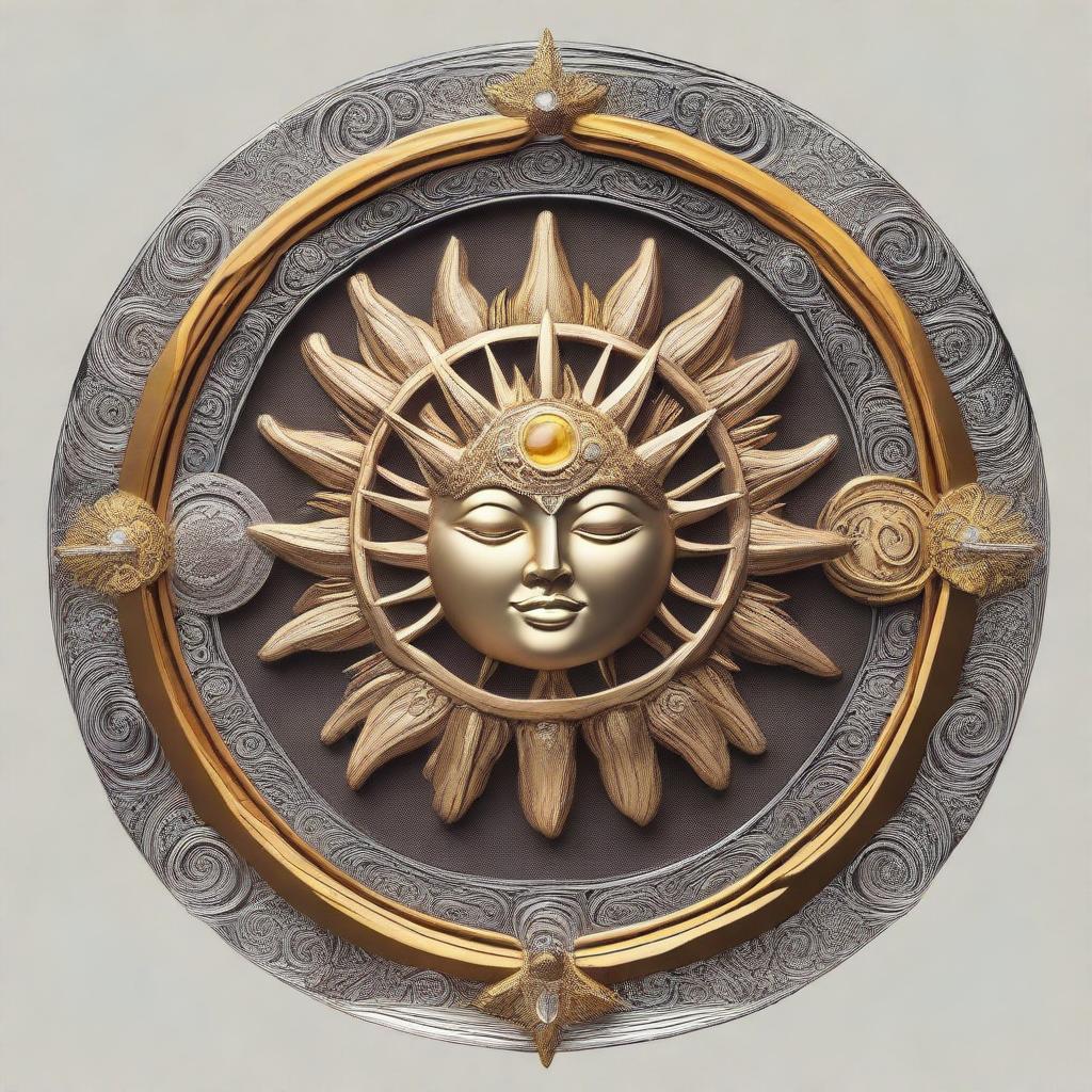 An intricate emblem combining elements of the sun and moon, symbolizing the prophecy of the daughter of the Sun and Moon