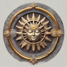 An intricate emblem combining elements of the sun and moon, symbolizing the prophecy of the daughter of the Sun and Moon