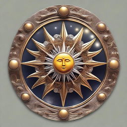 An intricate emblem combining elements of the sun and moon, symbolizing the prophecy of the daughter of the Sun and Moon