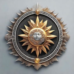 An intricate emblem combining elements of the sun and moon, symbolizing the prophecy of the daughter of the Sun and Moon