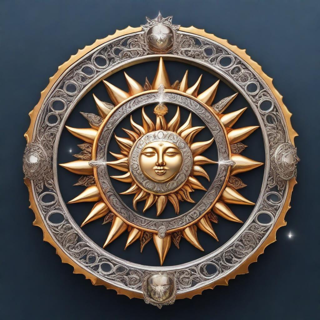 An intricate emblem combining elements of the sun and moon, symbolizing the prophecy of the daughter of the Sun and Moon