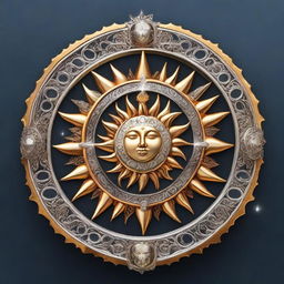 An intricate emblem combining elements of the sun and moon, symbolizing the prophecy of the daughter of the Sun and Moon