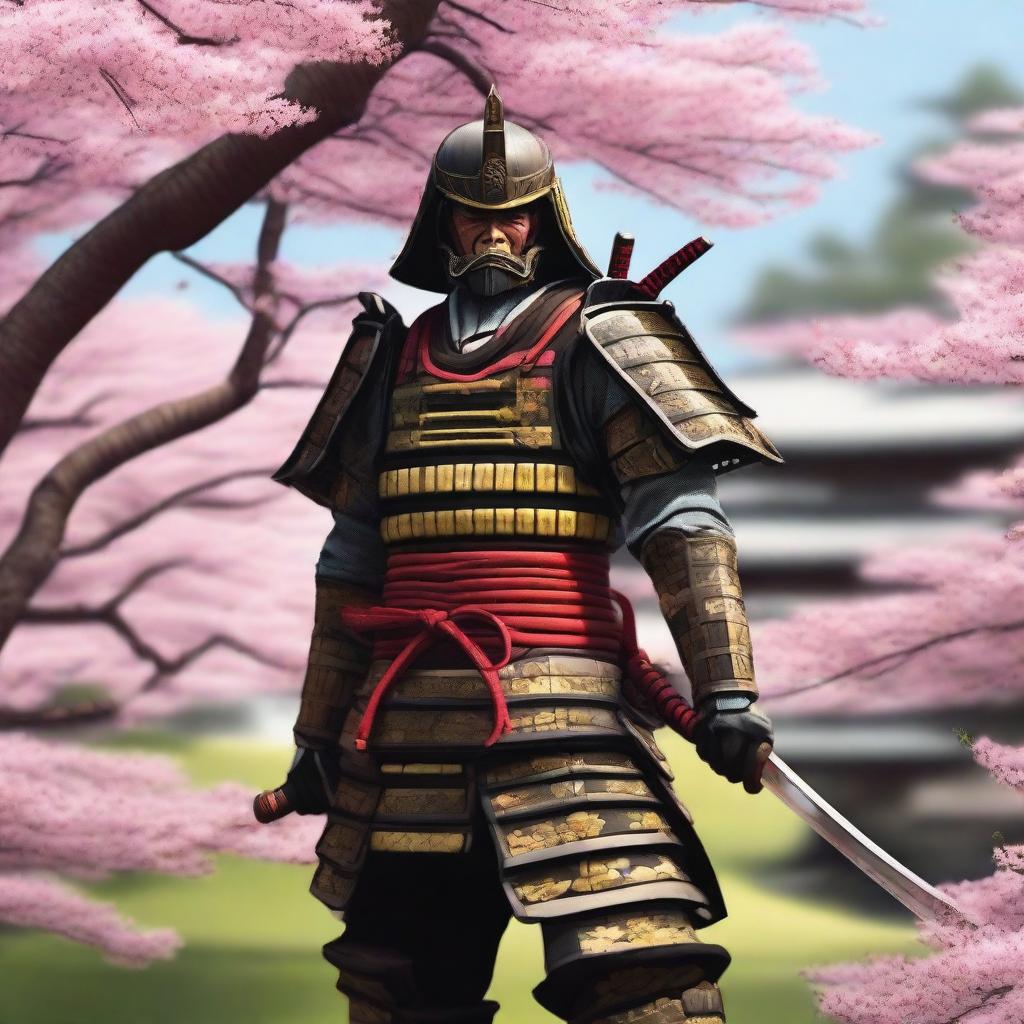 A detailed and vivid depiction of a traditional samurai warrior in full armor, standing in a serene Japanese garden with cherry blossoms in the background