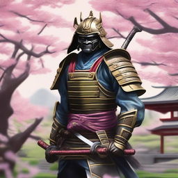 A detailed and vivid depiction of a traditional samurai warrior in full armor, standing in a serene Japanese garden with cherry blossoms in the background