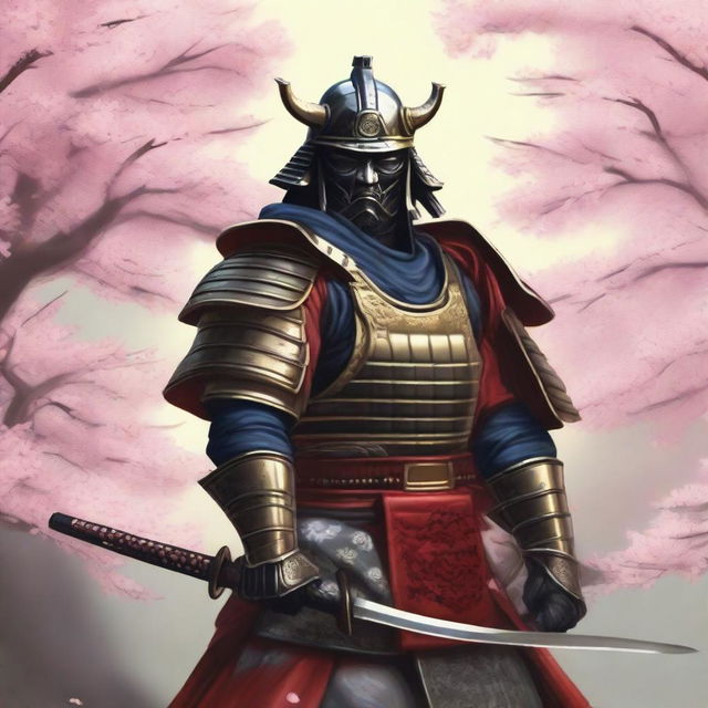 A detailed and vivid depiction of a traditional samurai warrior in full armor, standing in a serene Japanese garden with cherry blossoms in the background