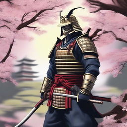 A detailed and vivid depiction of a traditional samurai warrior in full armor, standing in a serene Japanese garden with cherry blossoms in the background