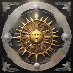 A digital book cover: An intricate emblem combining elements of the sun and moon, symbolizing the prophecy of the daughter of the Sun and Moon