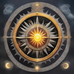 A digital book cover: An intricate emblem combining elements of the sun and moon, symbolizing the prophecy of the daughter of the Sun and Moon