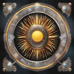 A digital book cover: An intricate emblem combining elements of the sun and moon, symbolizing the prophecy of the daughter of the Sun and Moon