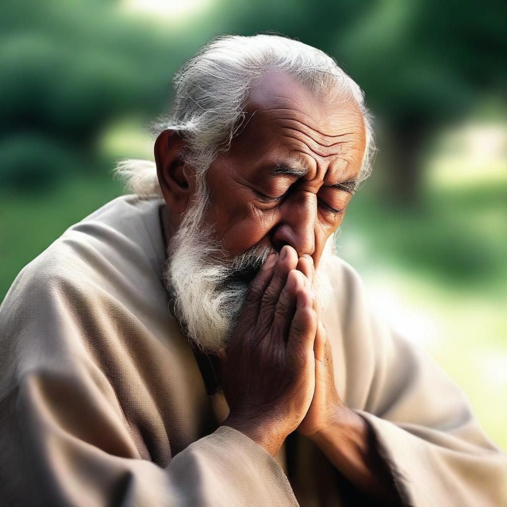 A serene image depicting a wise person praying to God, with a peaceful expression on their face