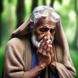 A serene image depicting a wise person praying to God, with a peaceful expression on their face