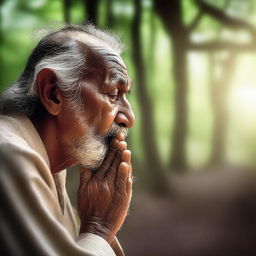 A serene image depicting a wise person praying to God, with a peaceful expression on their face