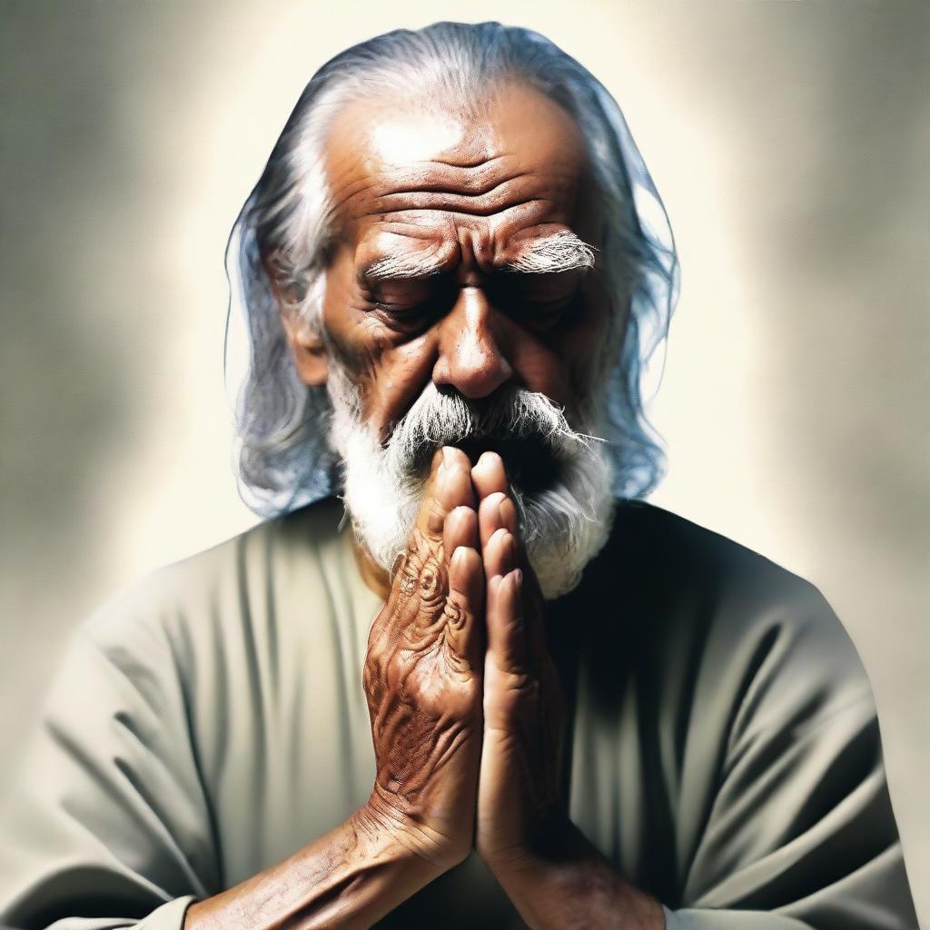 A serene image depicting a wise person praying to God, with a peaceful expression on their face