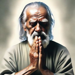 A serene image depicting a wise person praying to God, with a peaceful expression on their face