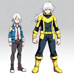 A tall young man with slightly long white hair, one black eye, and one yellow eye, dressed in a hero costume similar to those from the anime My Hero Academia