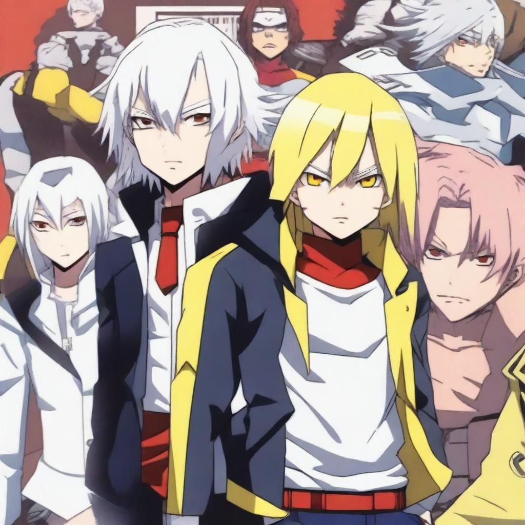 A tall young man with slightly long white hair, one black eye, and one yellow eye, dressed in a hero costume similar to those from the anime My Hero Academia