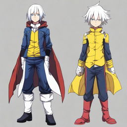 A tall young man with slightly long white hair, one black eye, and one yellow eye, dressed in a hero costume similar to those from the anime My Hero Academia