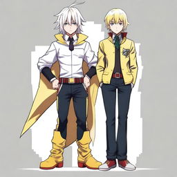 A tall young man with slightly long white hair, one black eye, and one yellow eye, dressed in a hero costume similar to those from the anime My Hero Academia