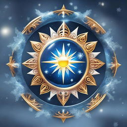 A majestic central emblem combining sun and moon, symbolizing the daughter of Sun and Moon