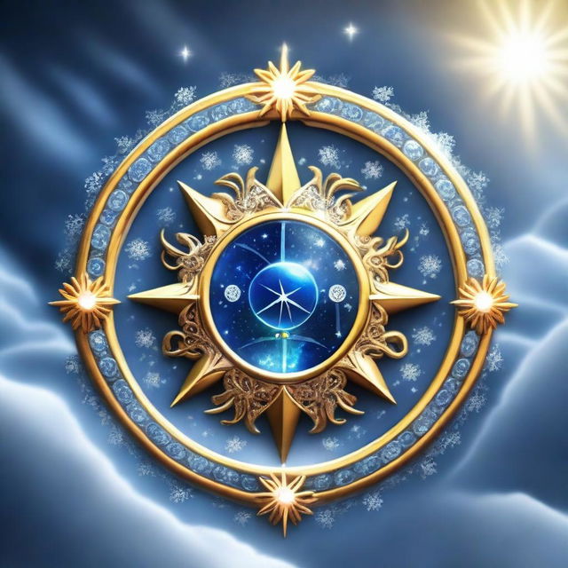 A majestic central emblem combining sun and moon, symbolizing the daughter of Sun and Moon