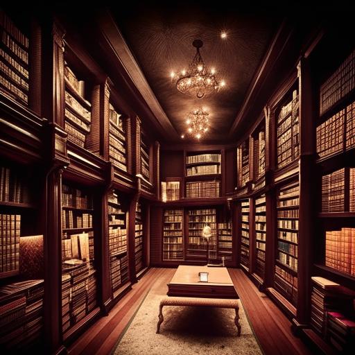 A vintage library inspired by the world found within a fantasy novel, with enchanting bookshelves, mystical artifacts, grand reading areas and soft magical light illuminating the room.