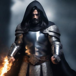 A human man with long black hair and a beard, wearing silver armor with a hood