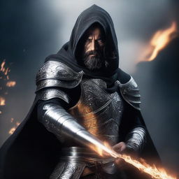 A human man with long black hair and a beard, wearing silver armor with a hood