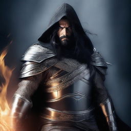 A human man with long black hair and a beard, wearing silver armor with a hood