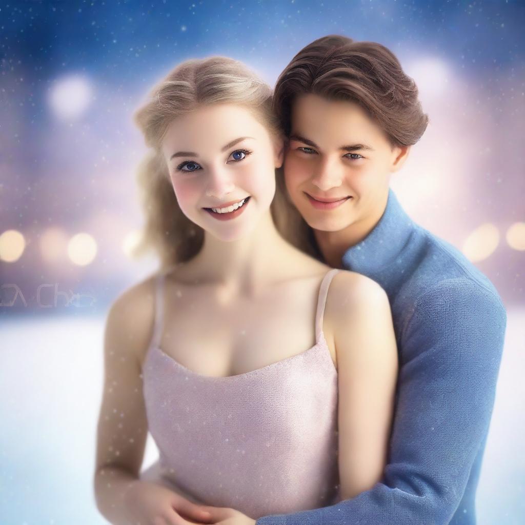 Two figure skater girls performing gracefully on an ice rink, surrounded by a romantic atmosphere with soft lighting and gentle snowfall