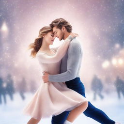 Two figure skater girls performing gracefully on an ice rink, surrounded by a romantic atmosphere with soft lighting and gentle snowfall