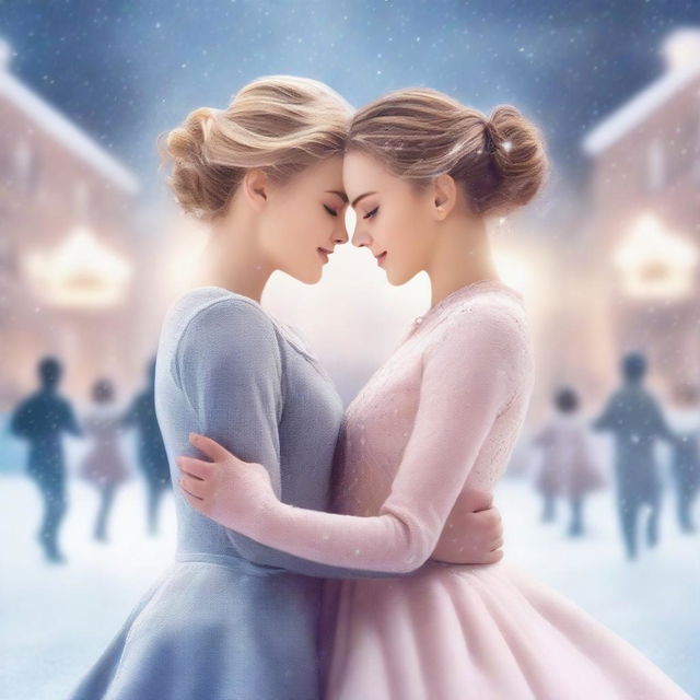 Two figure skater girls performing gracefully on an ice rink, surrounded by a romantic atmosphere with soft lighting and gentle snowfall