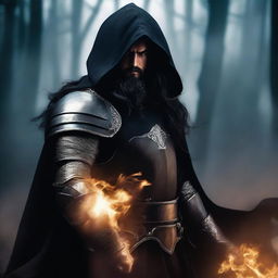 A human man with long black hair and a beard, wearing black armor with a hood