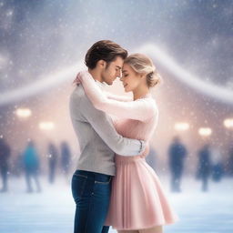 Two figure skater girls performing gracefully on an ice rink, surrounded by a romantic atmosphere with soft lighting and gentle snowfall